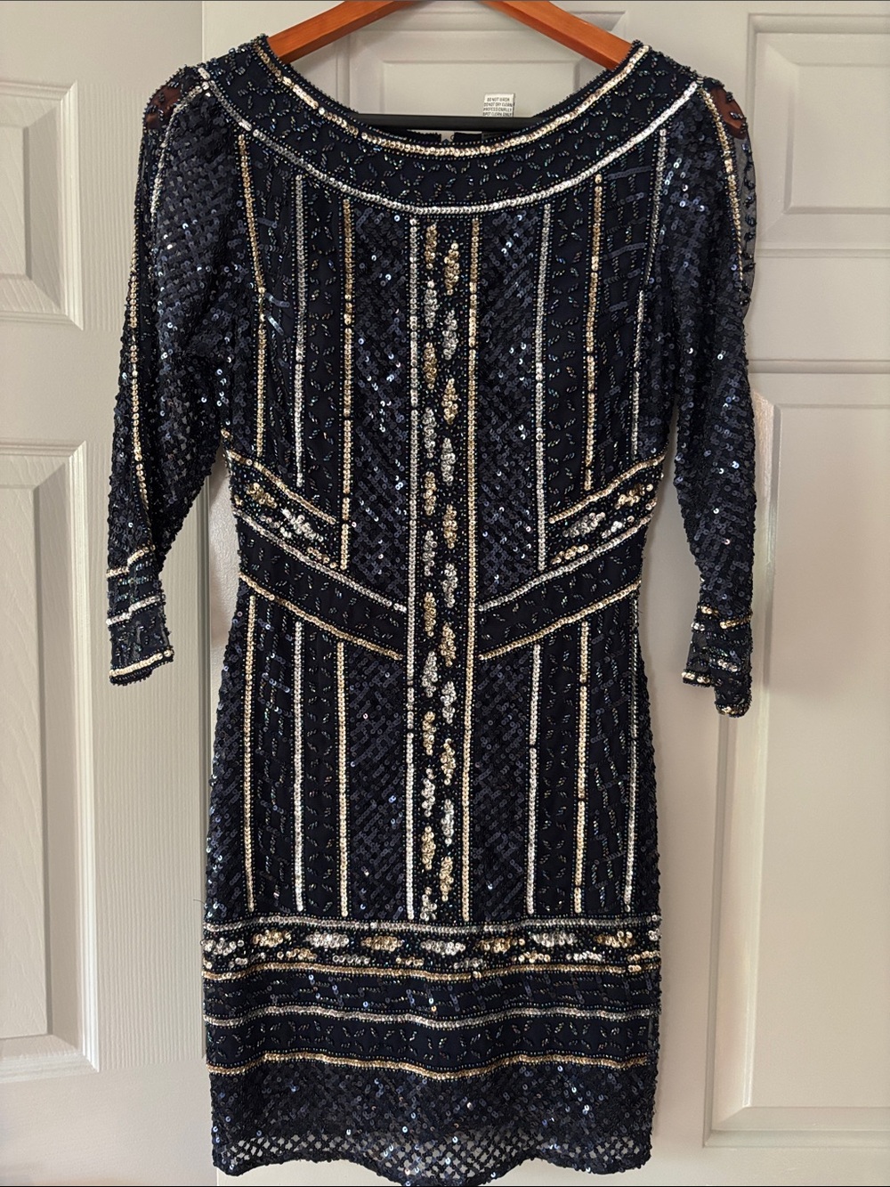 Scala Navy and Gold Beaded Sequin Long Sleeve Dress